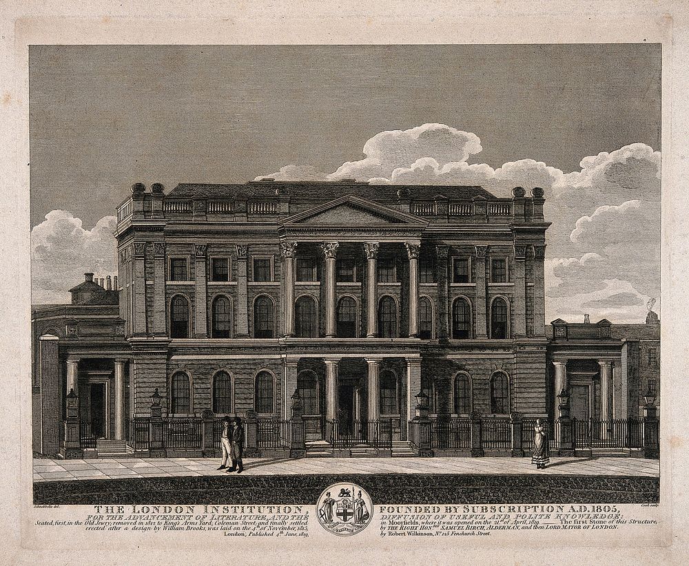 The London Institution, Moorfields. Engraving by H. R. Cook after R. B. Schnebbelie, 1819.