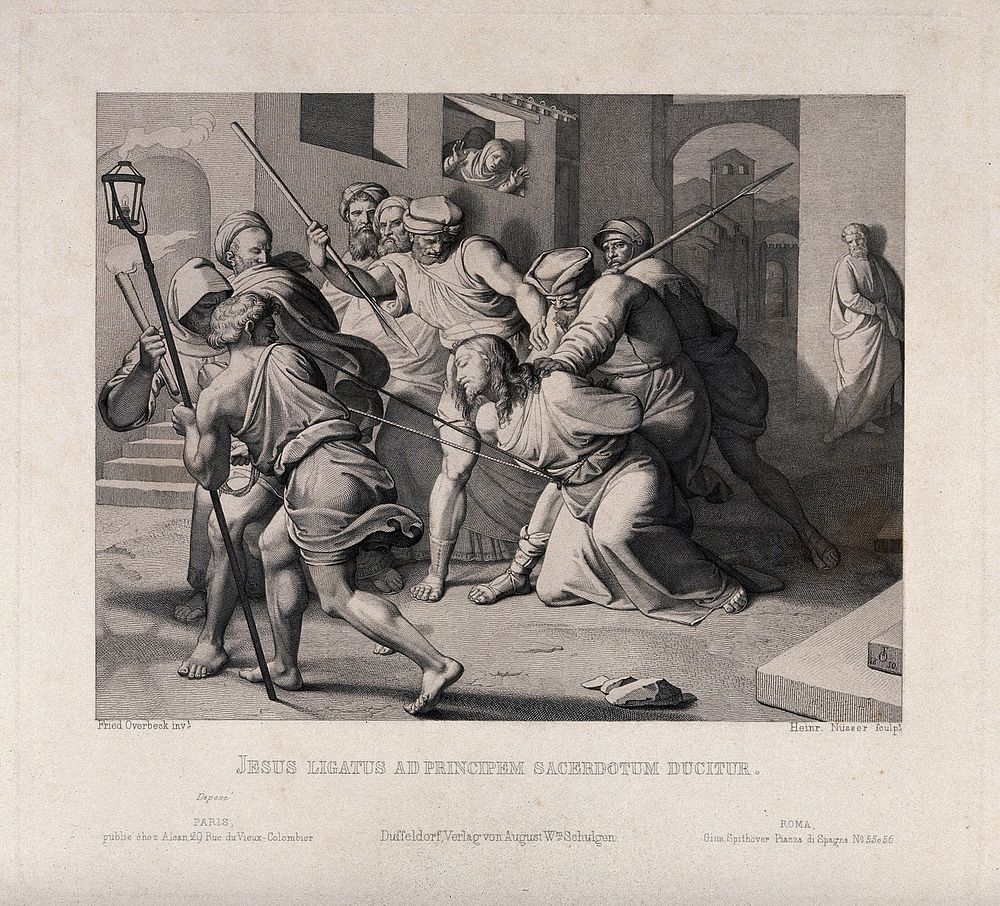 Christ bound and beaten by Jews. Etching by Heinrich Nüsser after J.F. Overbeck, 1850.