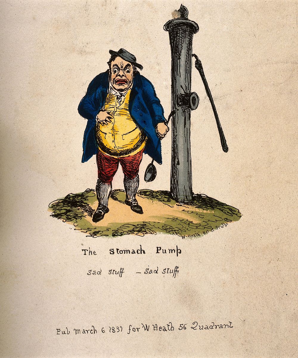 A disgruntled portly man standing next to a town water pump holding a ladle and rubbing his stomach as if in pain. Coloured…