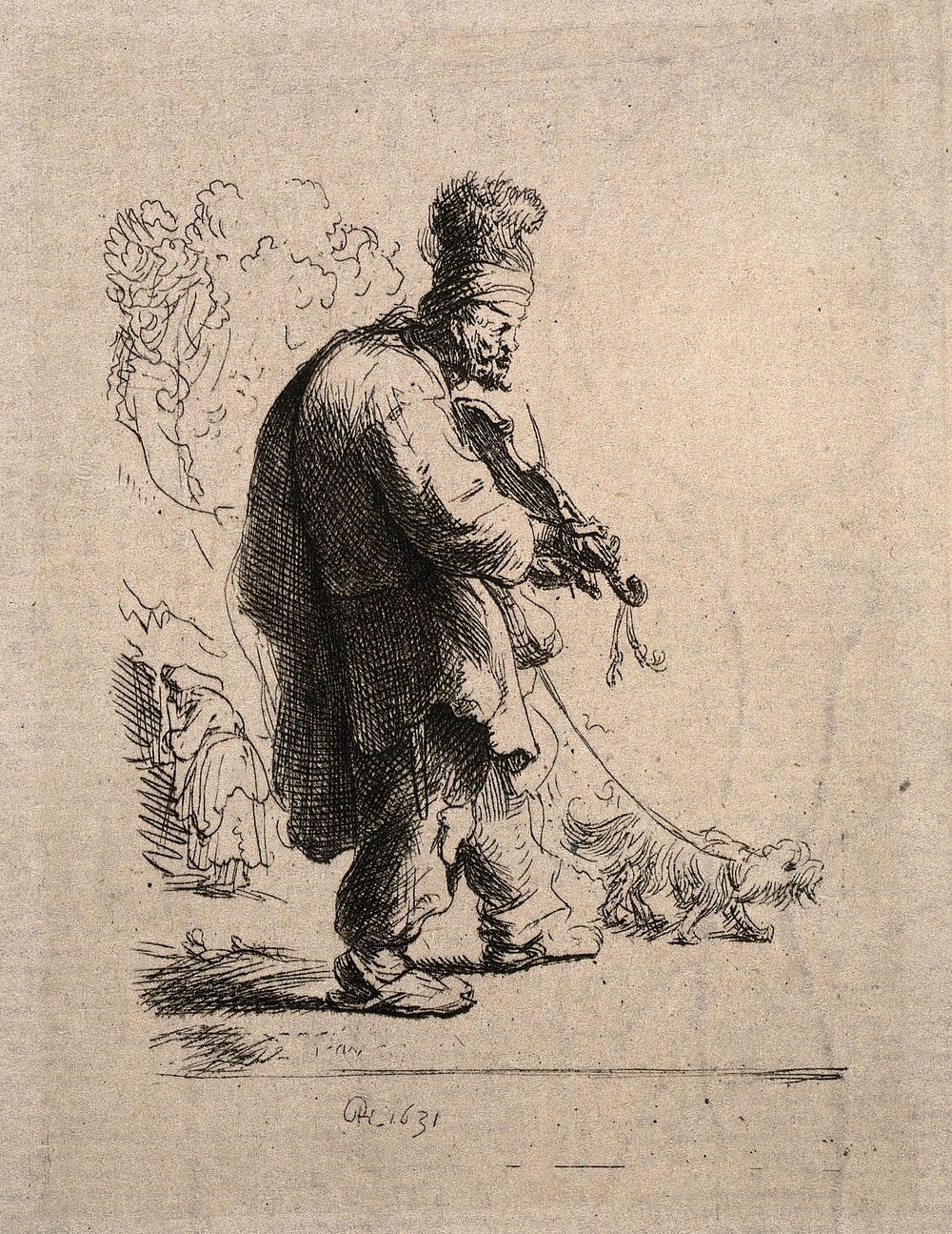 A blind fiddler walks with his dog. Etching by or after Rembrandt, 1631.