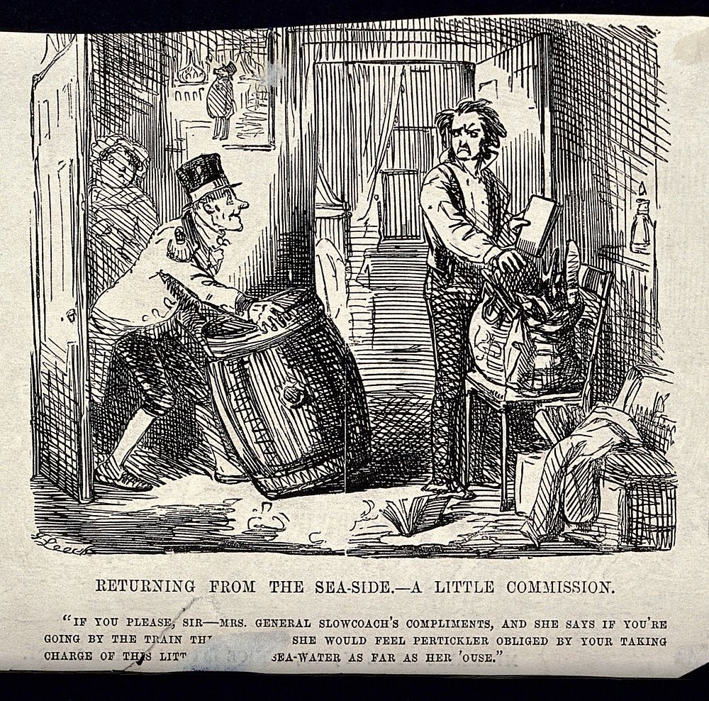 A footman at a seaside establishment asks a man who is about to leave if he will take a barrel of sea-water with him on…