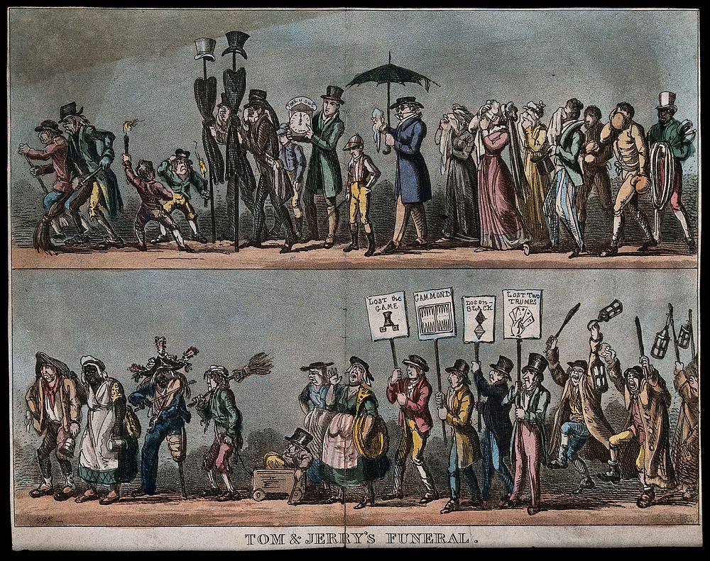 The funeral procession of Tom and Jerry, the mourners including gamblers, pugilists and down-and-outs. Coloured aquatint by…