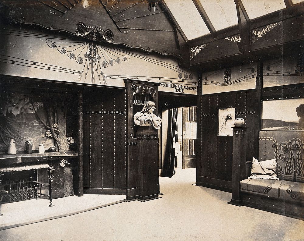 The 1904 World's Fair, St. Louis, Missouri: the Prague School for Arts and Crafts exhibit: an art nouveau interior with a…