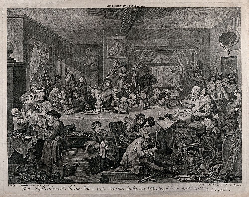 An election banquet. Engraving by W. Hogarth, 1755.