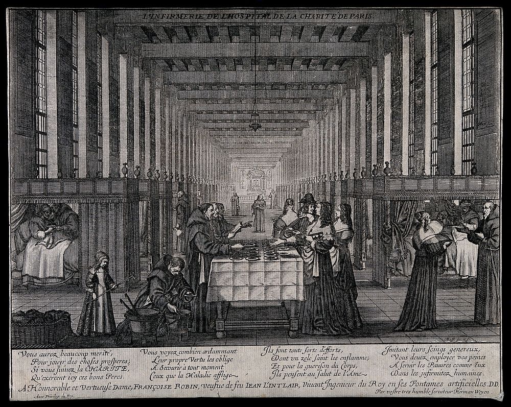 Hopîtal des Frères de la Charité, Paris: Anne of Austria visiting the charitable work of the monks. Line engraving by A.…