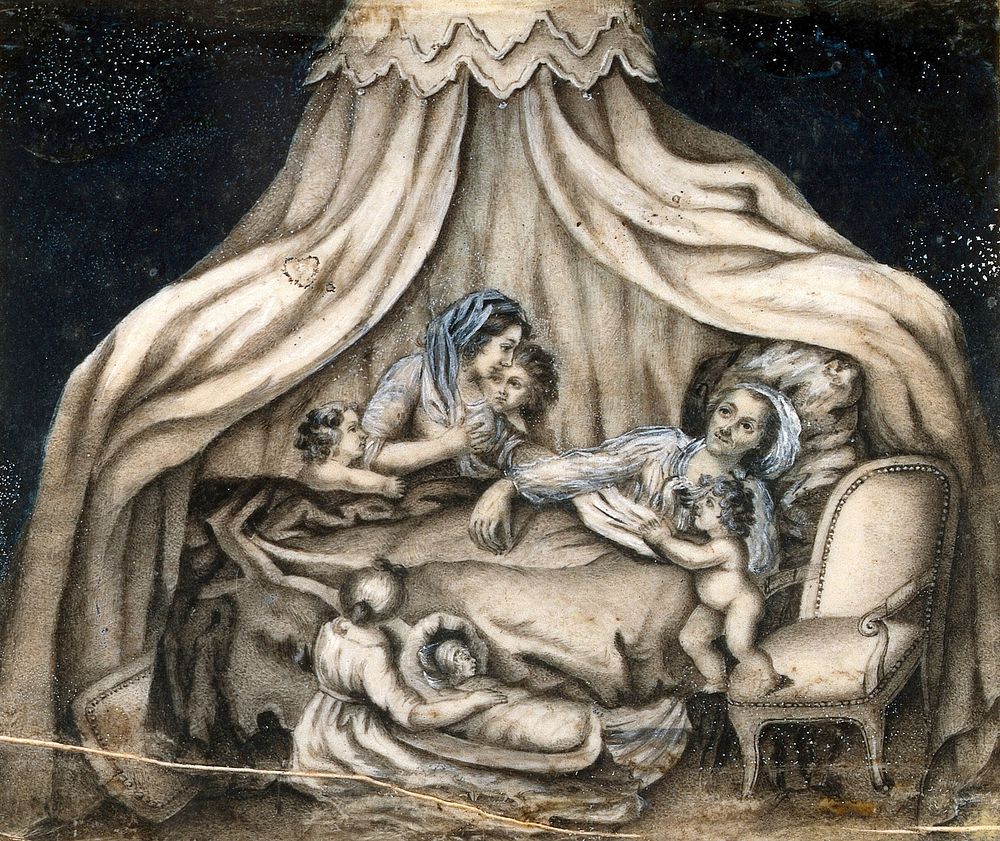 A mother feeding her children. Watercolour.
