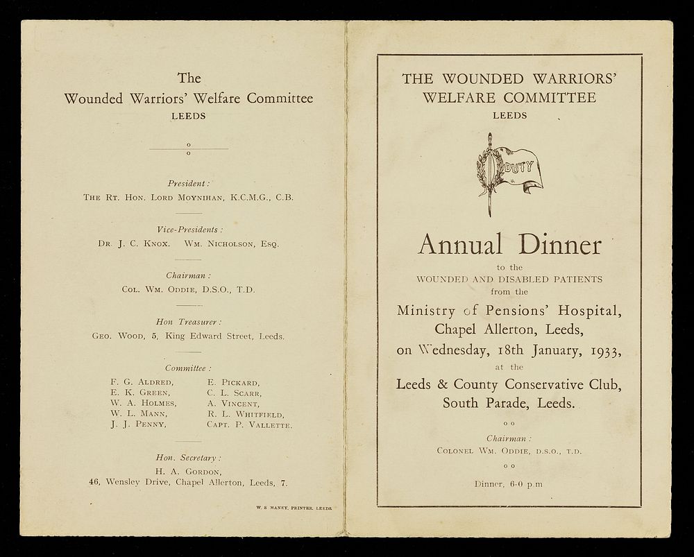 Annual dinner to the wounded and disabled patients from the ministry of Pensions' Hospital, Chapel Allerton, Leeds, on…