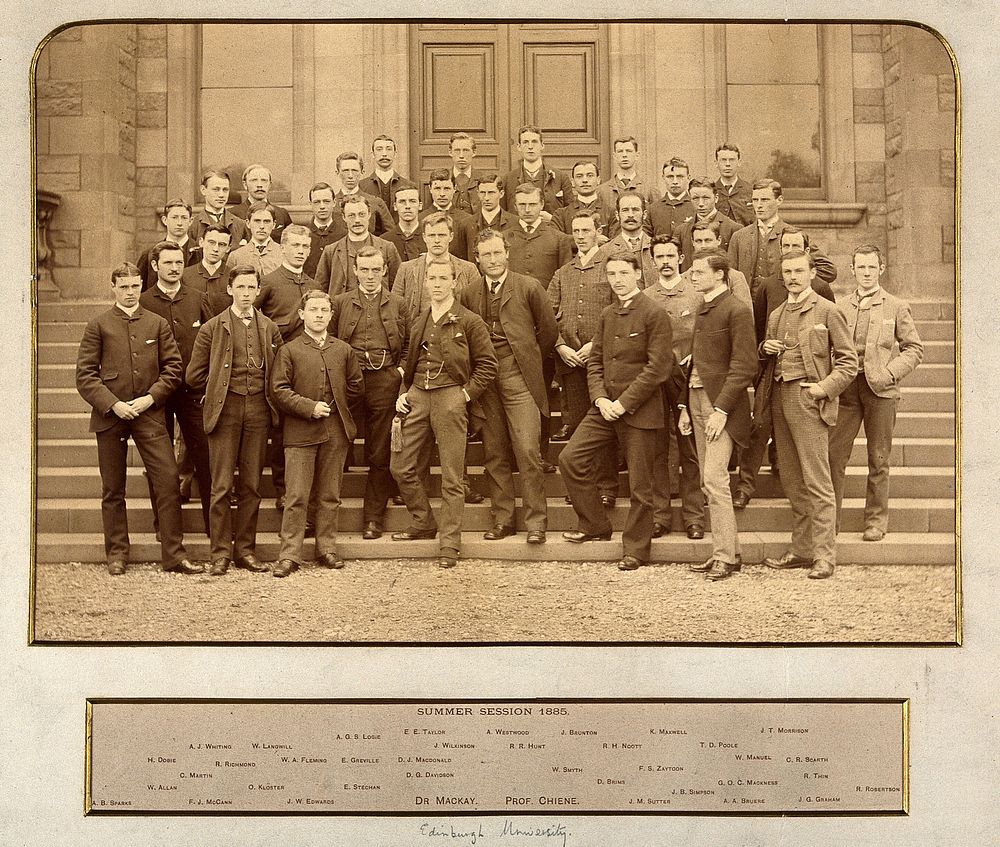 Edinburgh University: John Chiene and Dr MacKay with medical students. Photograph by J.G. Tunny, 1885.