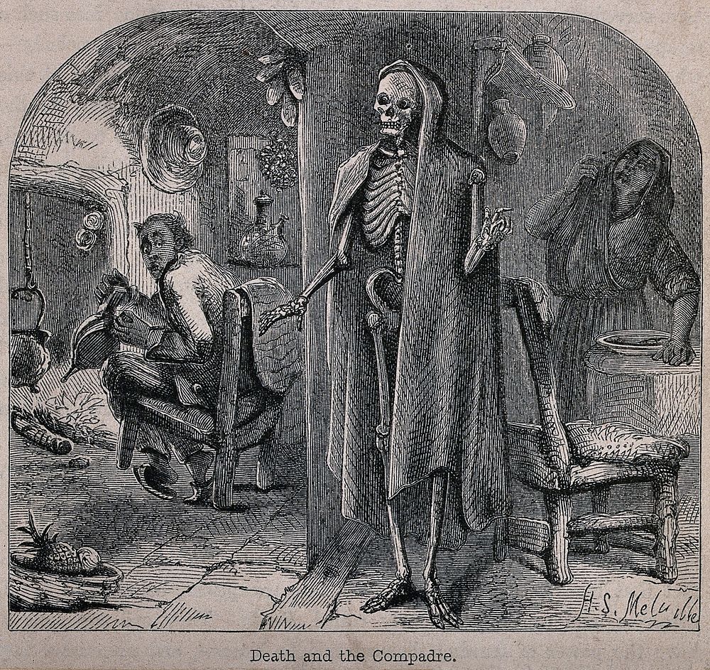 Death and the compadre. Etching by Harden S. Melville, 18--.