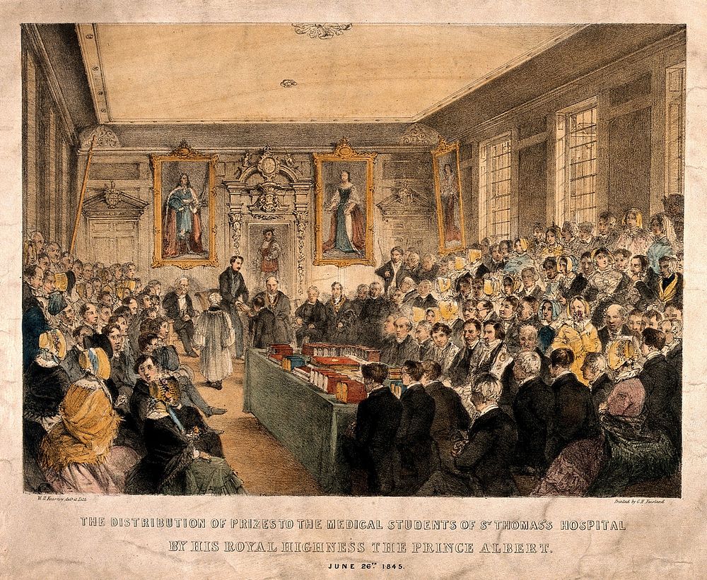 St Thomas's Hospital, Southwark: Prince Albert distributing prizes to the medical students. Coloured lithograph by C. H.…