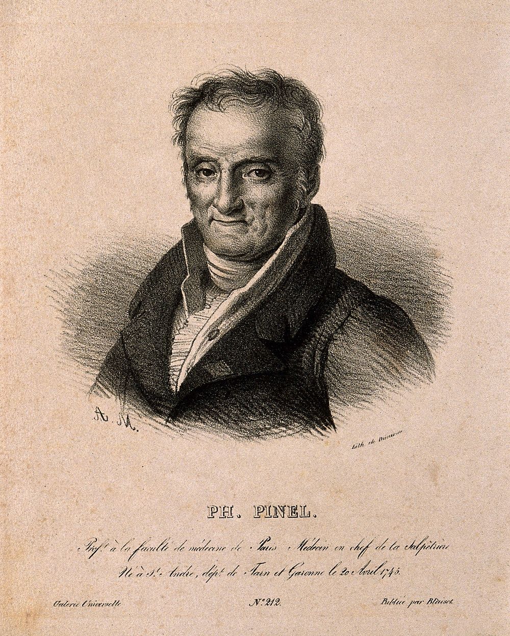 Philippe Pinel. Lithograph by A.M. (A. Maurin).