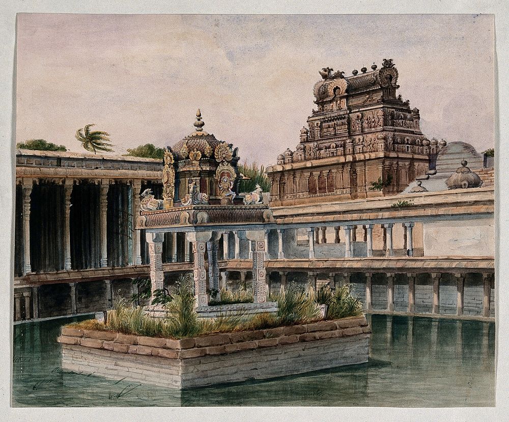Trichy: the Jambukeswarar temple dedicated to Lord Shiva. Watercolour by an Indian painter.