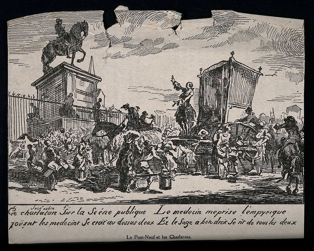 An itinerant medicine vendor selling his wares from a carriage to a crowd of people on the Pont-Neuf, Paris. Process print…