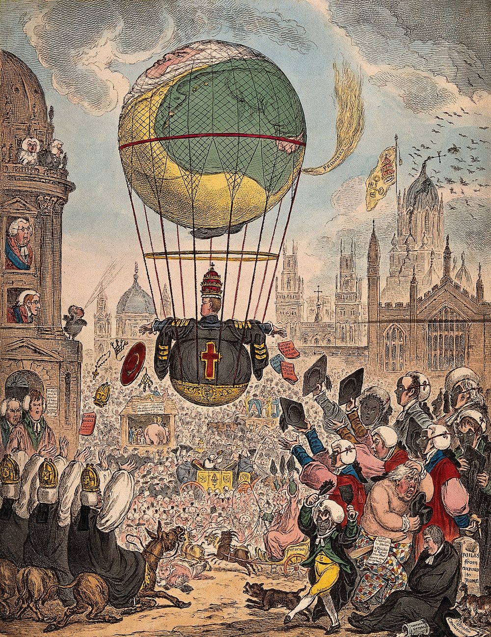 William Wyndham Grenville, Baron Grenville, dispensing Roman Catholic tracts from a balloon to the people of Oxford;…