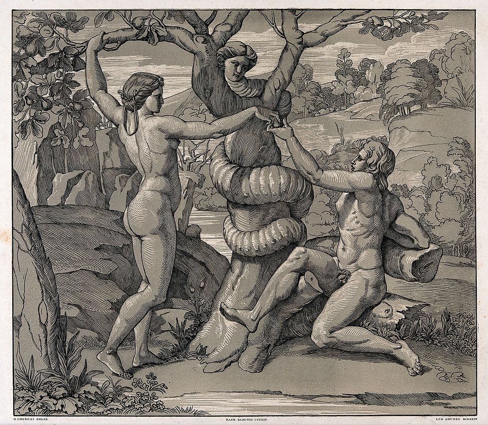 The temptation of Adam. Lithograph by N. Consoni after Raphael.