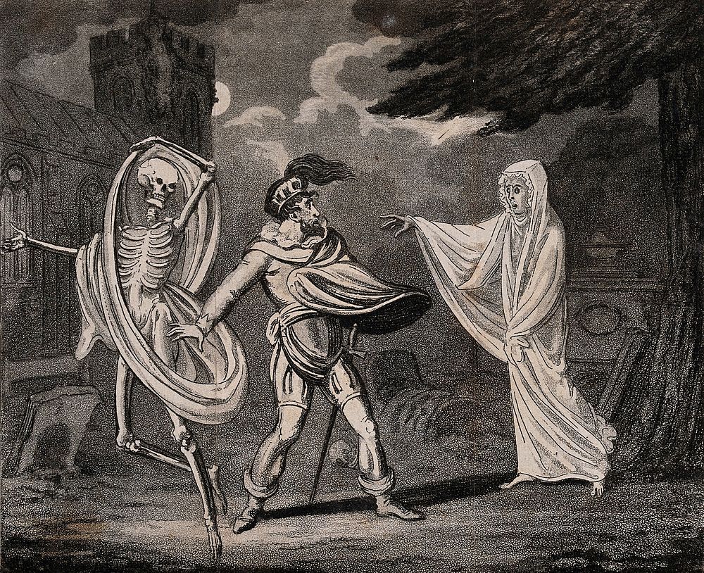 A man in armour is confronted by a ghost and a skeleton. Aquatint.