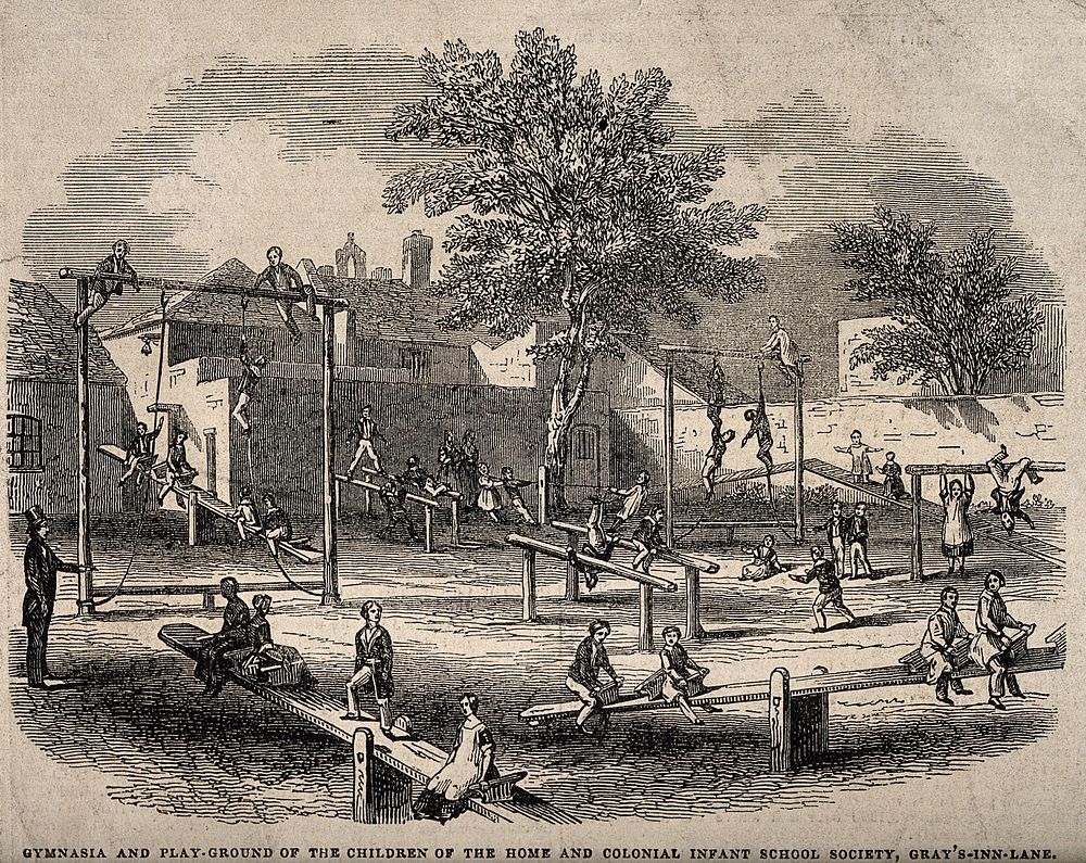 Playground of the Home and Colonial Infant School Society, London. Wood engraving, c. 1840.