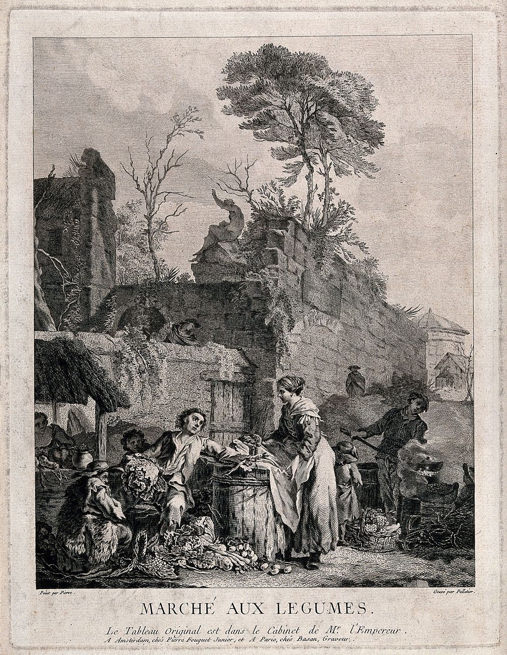 Market traders selling vegetables, and a man cooking in a long-handled pan on a brazier; beyond, an ancient wall and a…