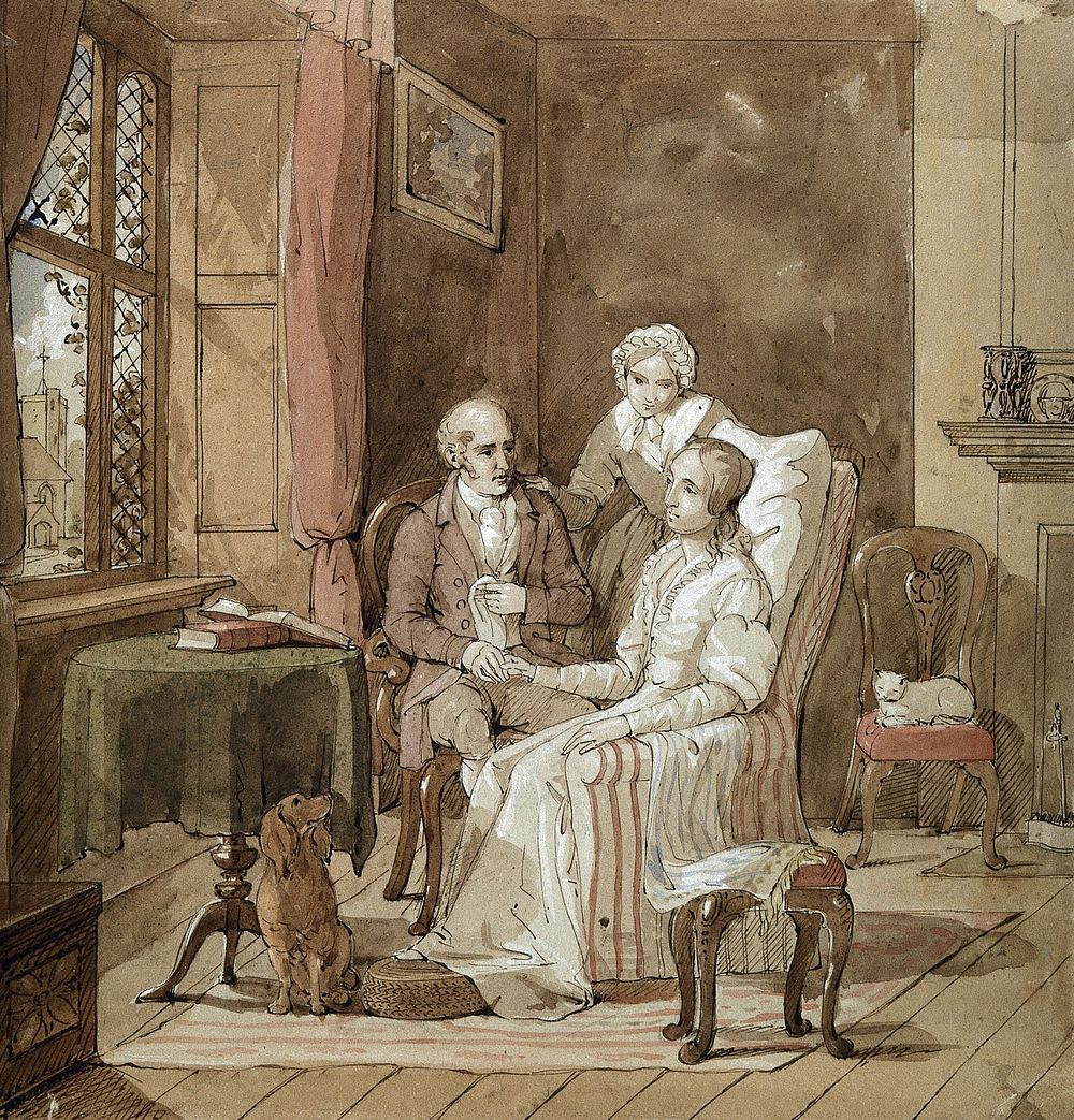 A physician taking the hand of a sick female patient, her mother is standing near them. Watercolour by A. Jerôme.