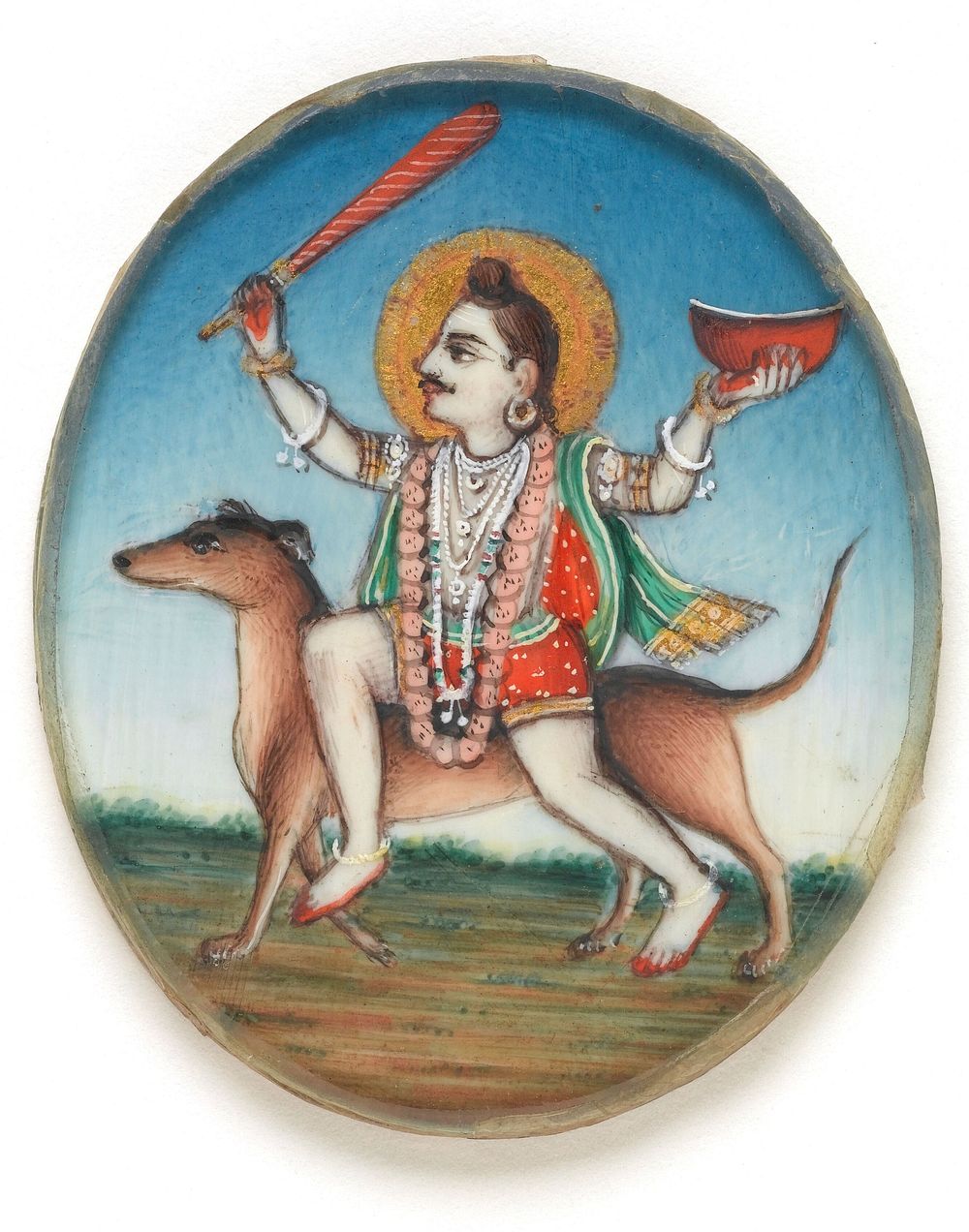 Lord Shiva as Bhairava, holding a club and a bowl, with his vehicle, a dog. Gouache painting by an Indian artist.