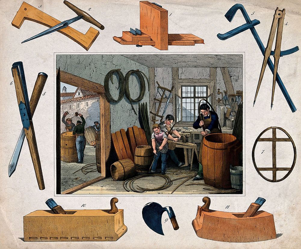A cooper's workshop: two men and a boy are using knives and a spokeshave to make hoops fit around the staves of a barrel…