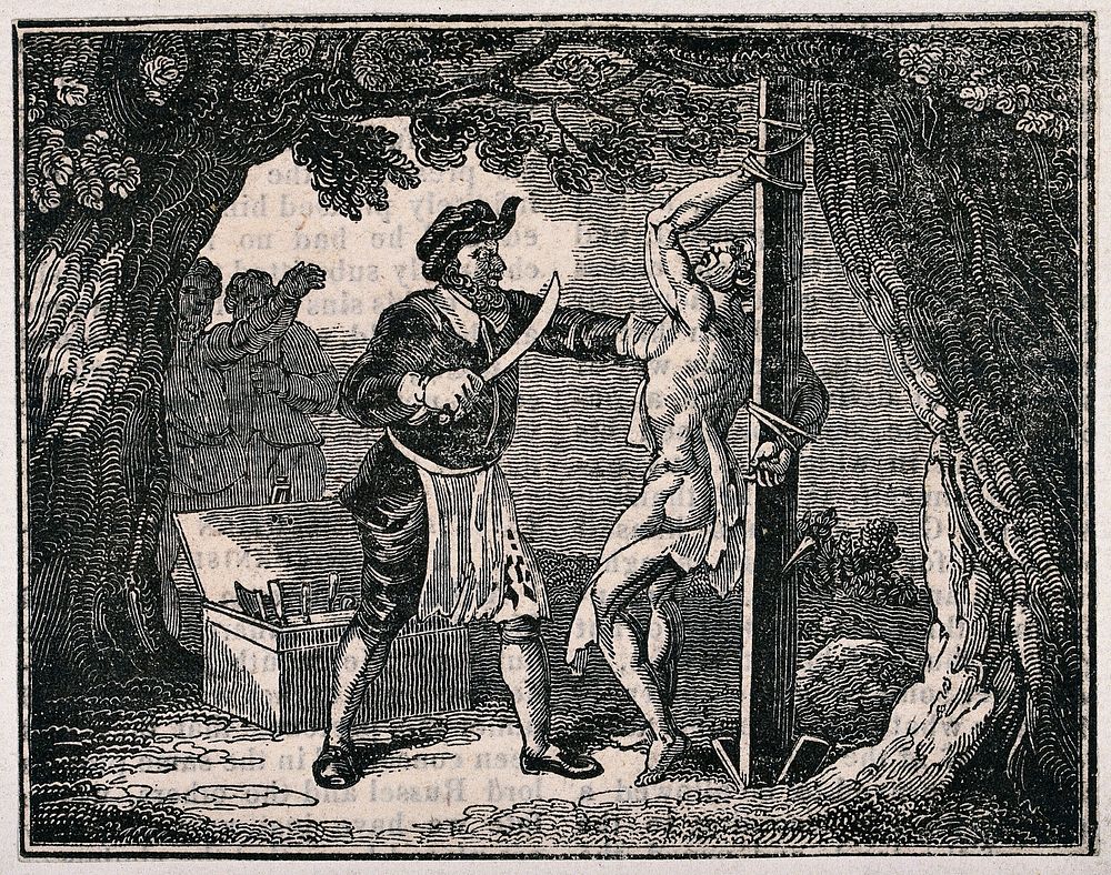A young naked man tied to a stake by his wrists is about to be disembowled. Wood engraving.