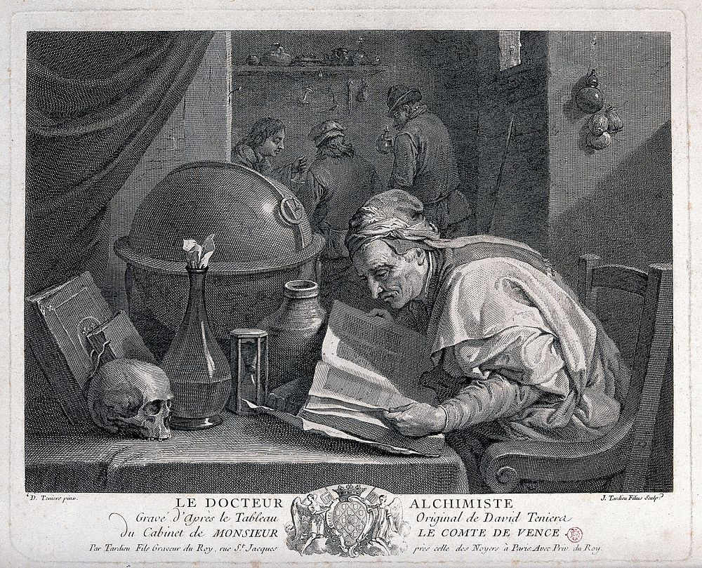An alchemist poring over a book, on his table stand an hour-glass, a skull, and an astrological globe. Engraving by J.N.…