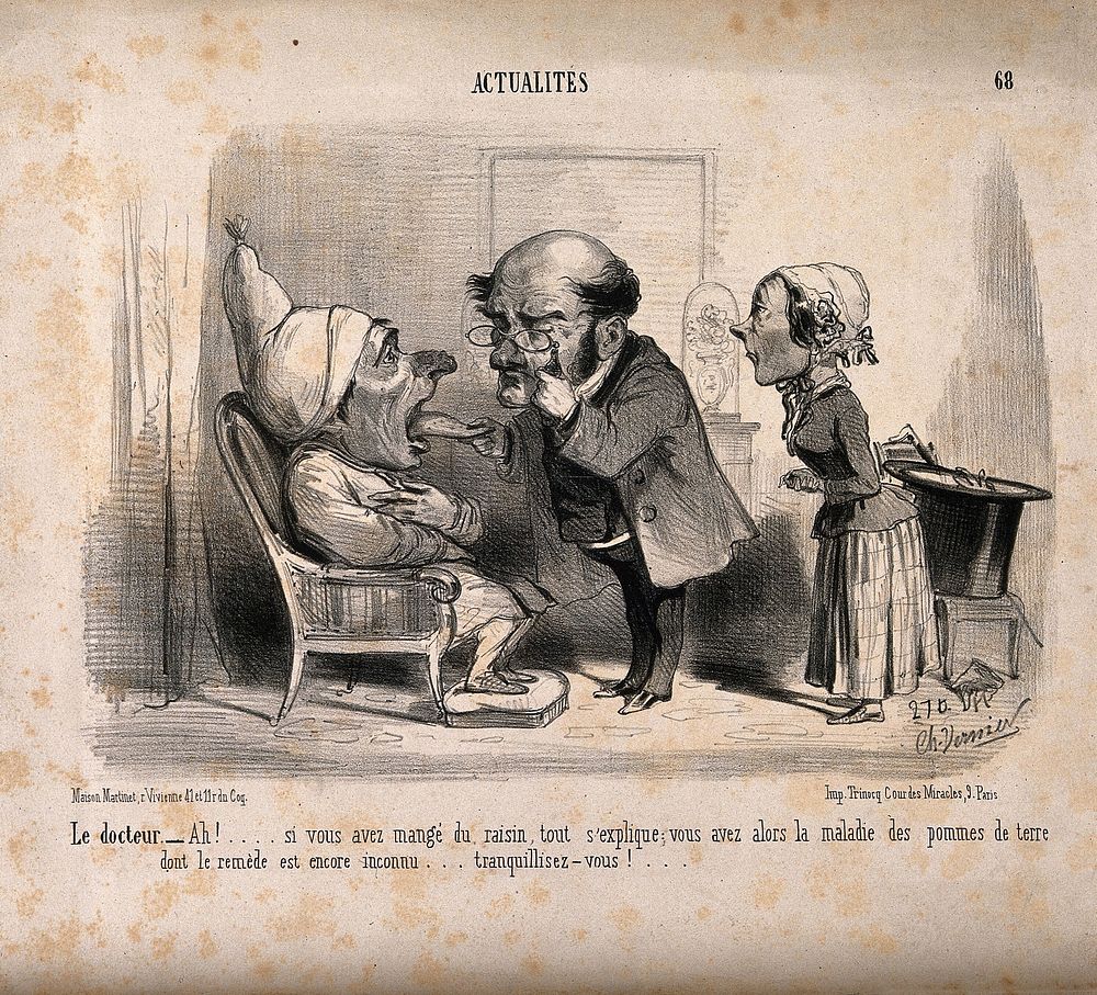 A physician examines a patient's tongue. Lithograph by Charles Vernier, 1853.