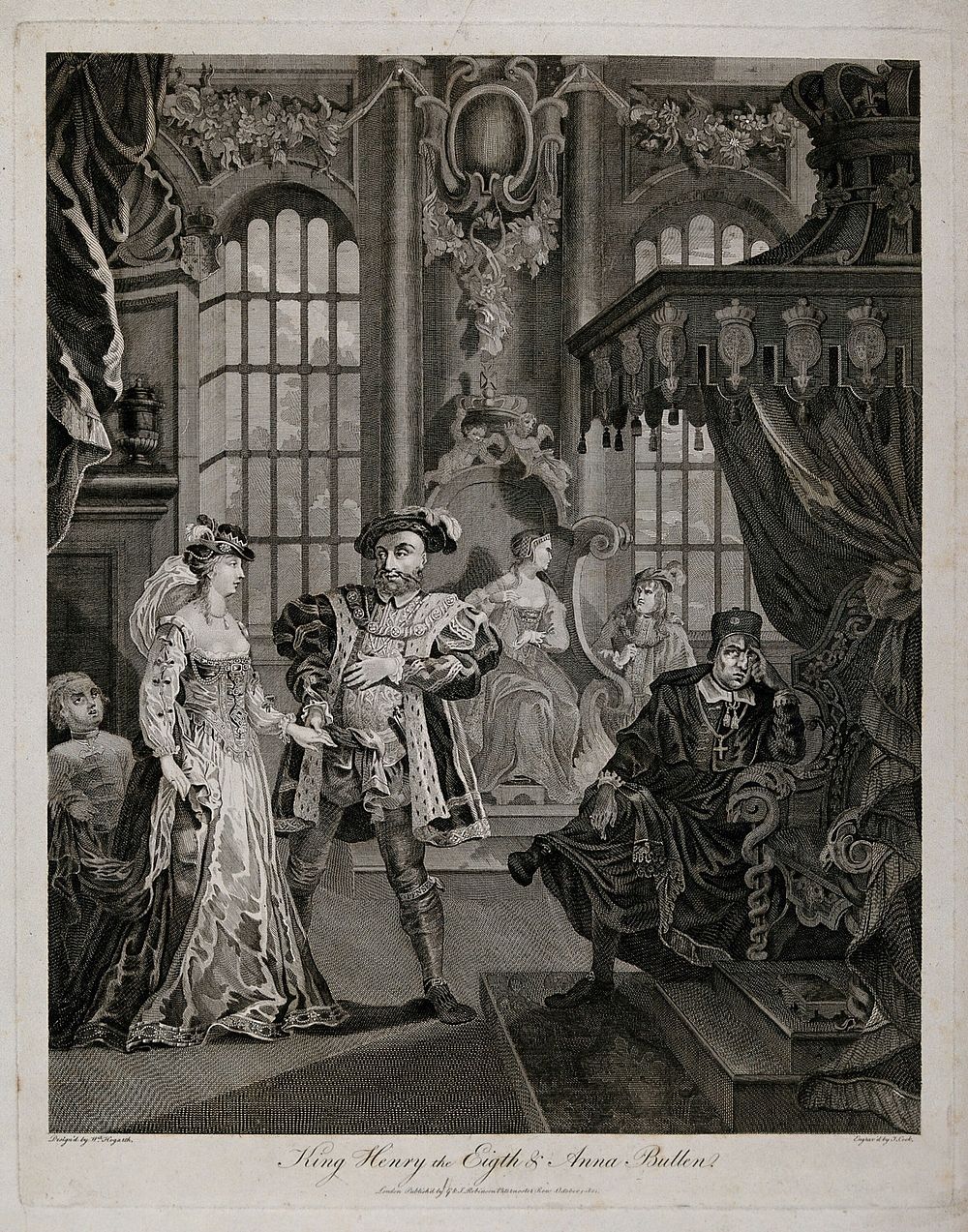 Henry VIII holding the hand of Ann Boleyn; Cardinal Wolsey sits by the throne on the right, Katherine of Aragon in the…