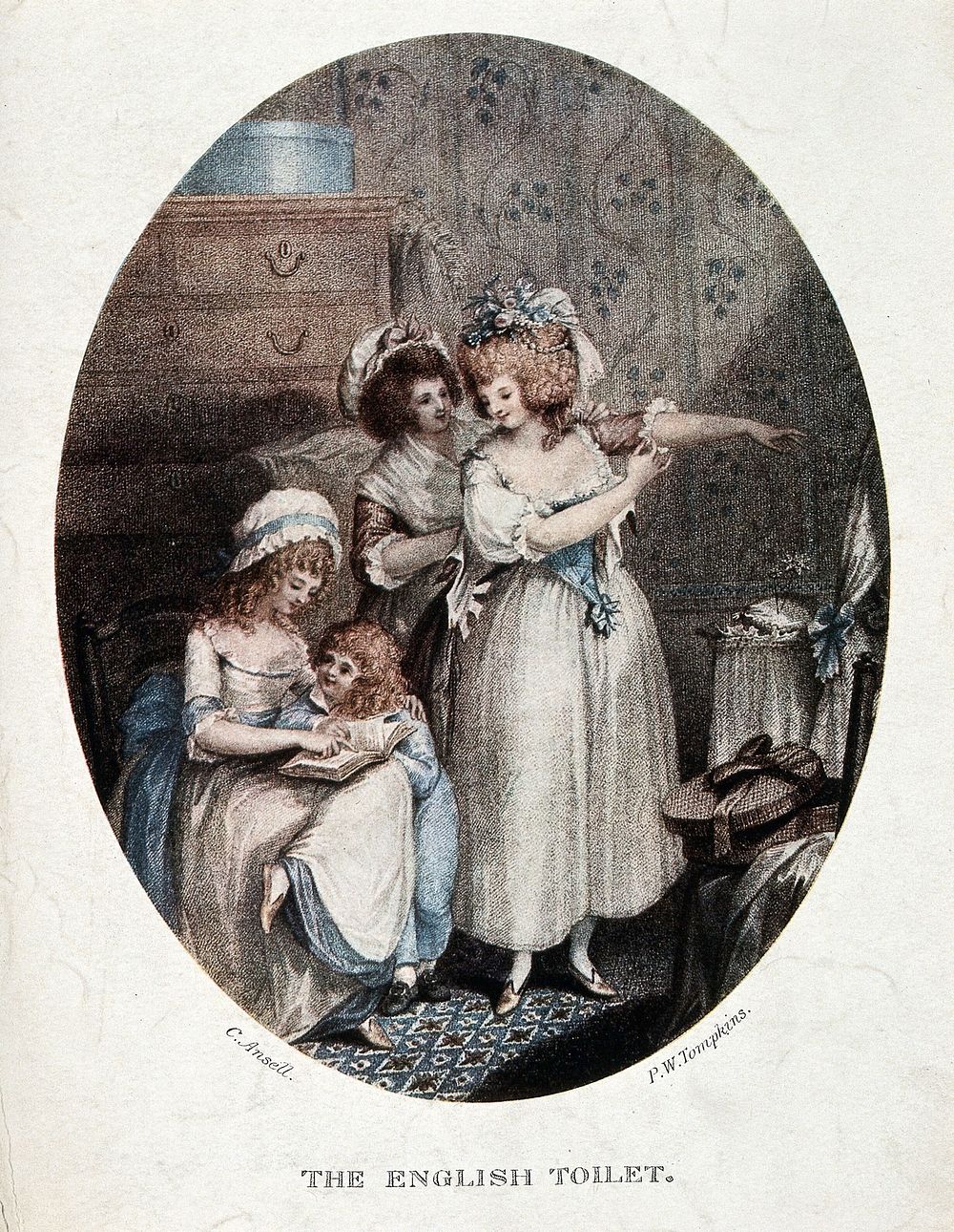 A woman at her toilet being assisted by a maidservant; to the left a seated maidservant reads to a small child. Colour…