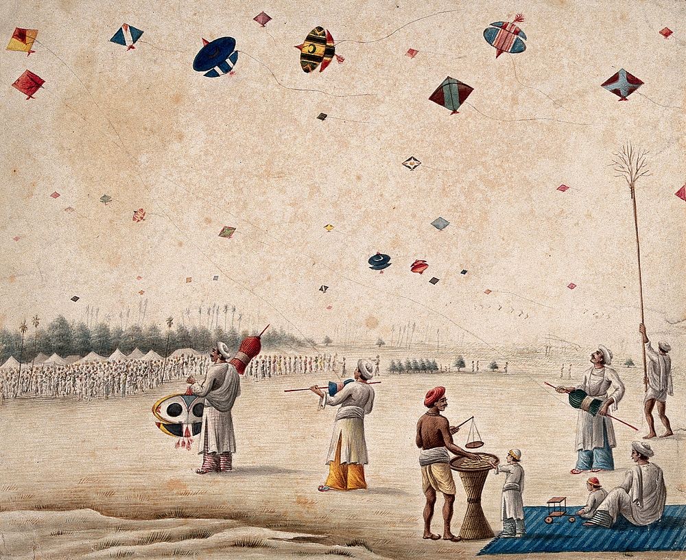 A kite flying festival. Watercolour by an Indian artist.