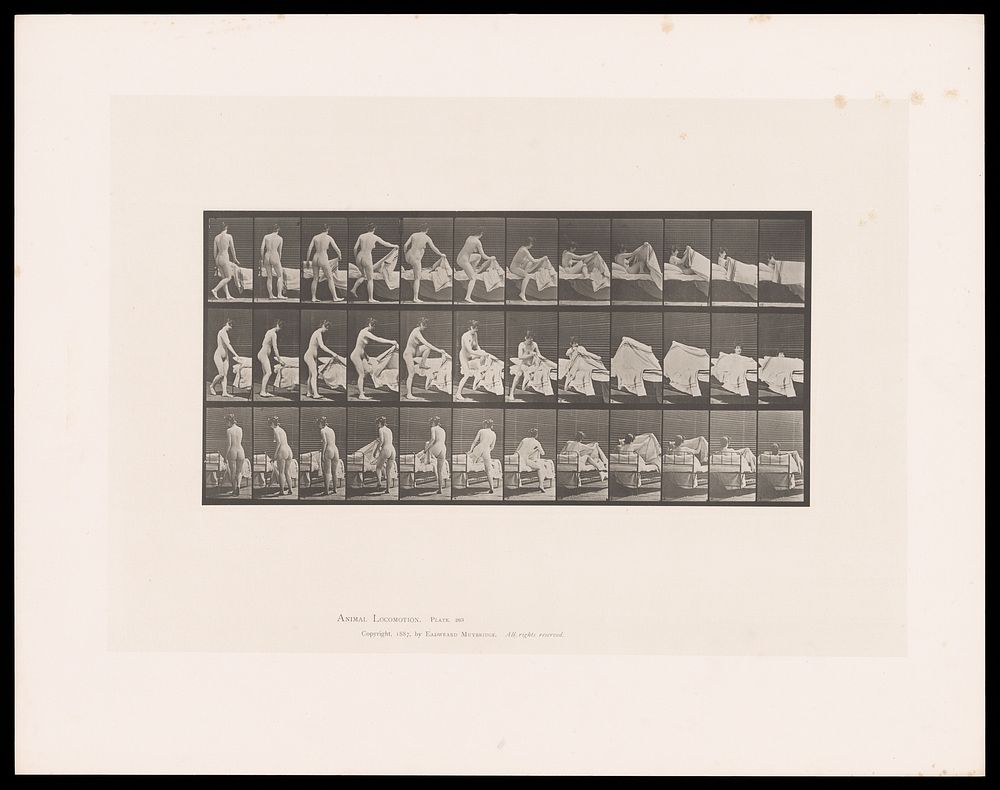 A woman getting into a bed. Collotype after Eadweard Muybridge, 1887.