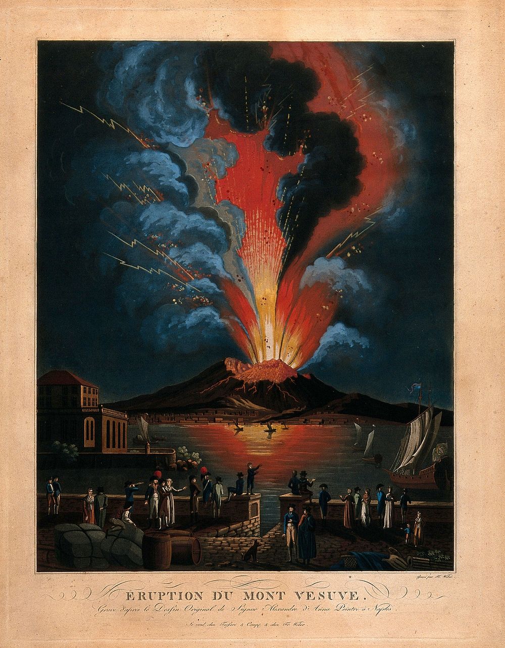 An eruption of Mount Vesuvius at night; people watching the eruption in the foreground. Coloured aquatint by Fr. Weber after…