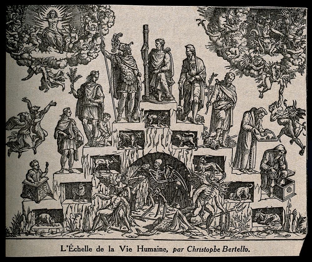 The ages of man represented as a step scheme. Reproduction of an engraving by C. Bertelli.