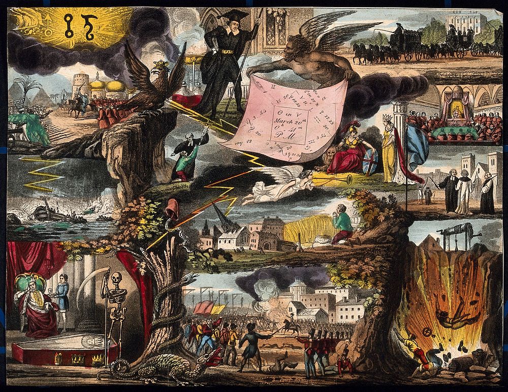 Astronomy: various apocalyptic scenes, including earthquake, war, and shipwreck. Coloured lithograph, [c.1833].