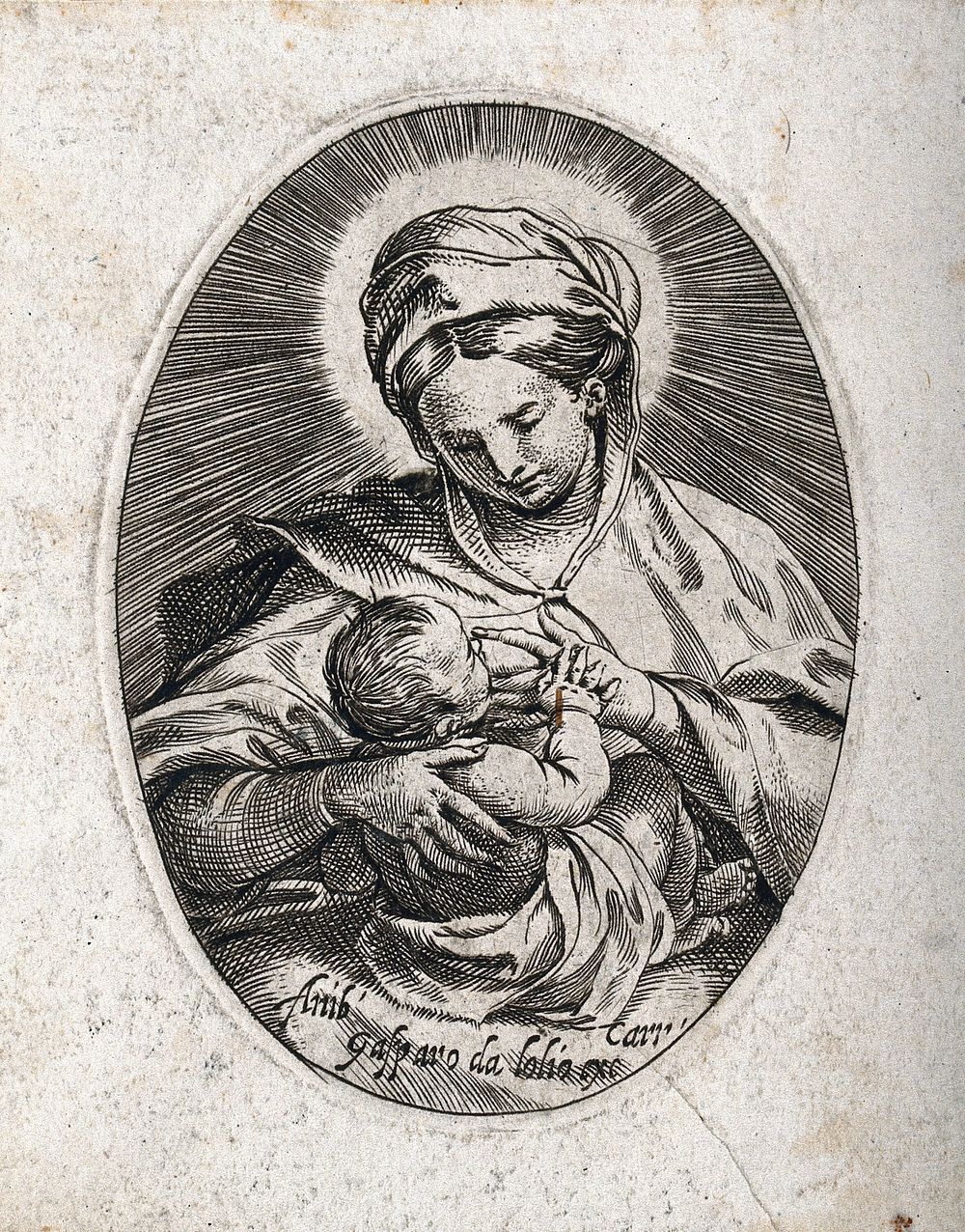 Saint Mary (the Blessed Virgin) with the Christ Child. Etching by Annibale Carracci.