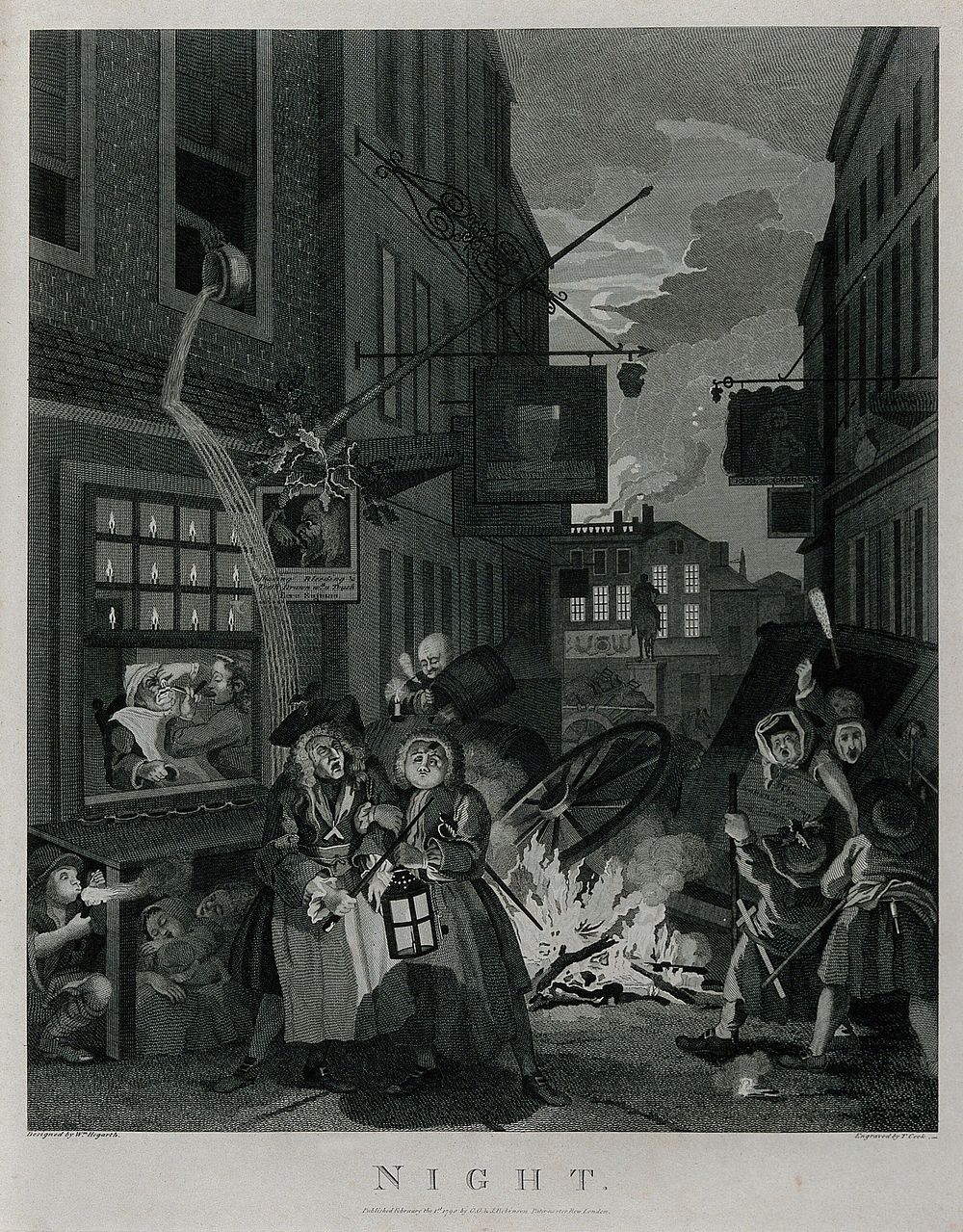 A scene of destruction with an overturned coach, screaming people and a bonfire; representing night. Engraving by T. Cook…