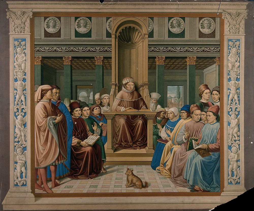 Saint Augustine of Hippo, sated on a raised cathedra, lecturing on rhetoric in Milan. Chromolithograph by Storch & Kramer…