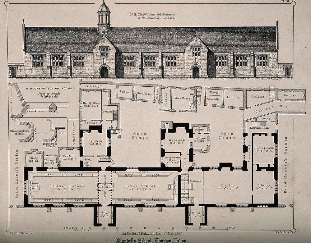 Blundell's School, Tiverton, Devon: with keyed floor plan. Transfer lithograph by J.R. Jobbins, 1857, after F.T. Dollman.