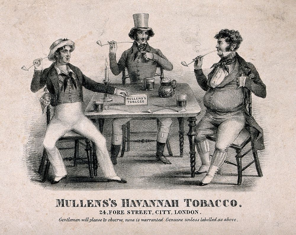 Three men (sailors) sit at a table smoking pipes and drinking. Lithograph, early 19th century.