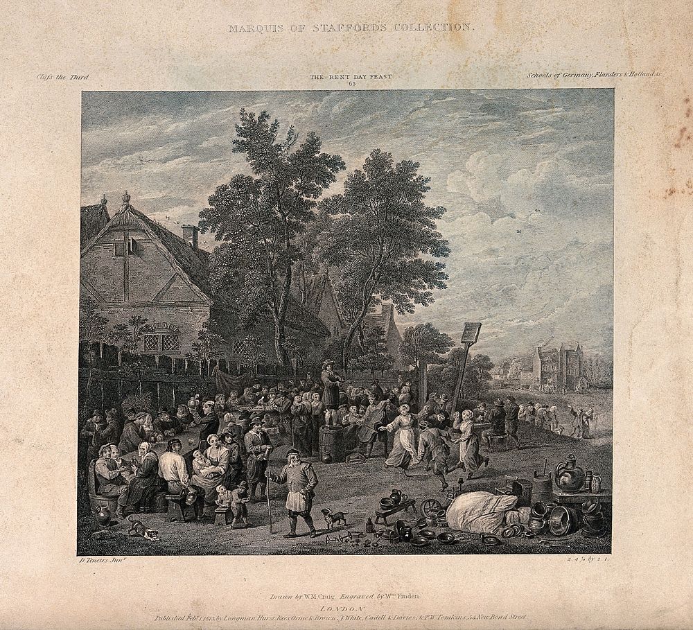 A crowd are gathered on a village green, some are dancing to the tune of the fiddler standing on a barrel, and some are…