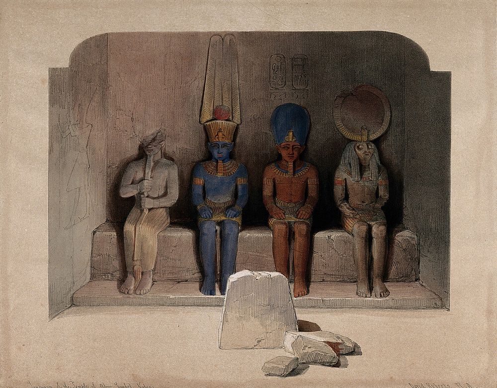 Statuary of Egyptian deities in the temple at Abu Simbel, Egypt. Coloured lithograph by Louis Haghe after David Roberts…