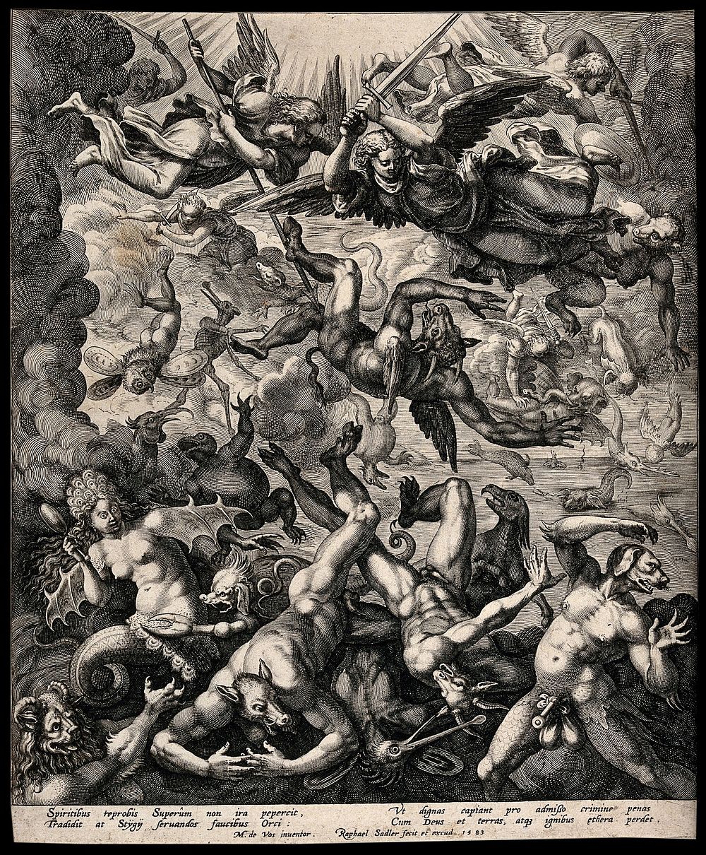 Fallen angels with animalized characteristics tumble from heaven under the sword of Michael. Engraving by R. Sadeler, 1583…