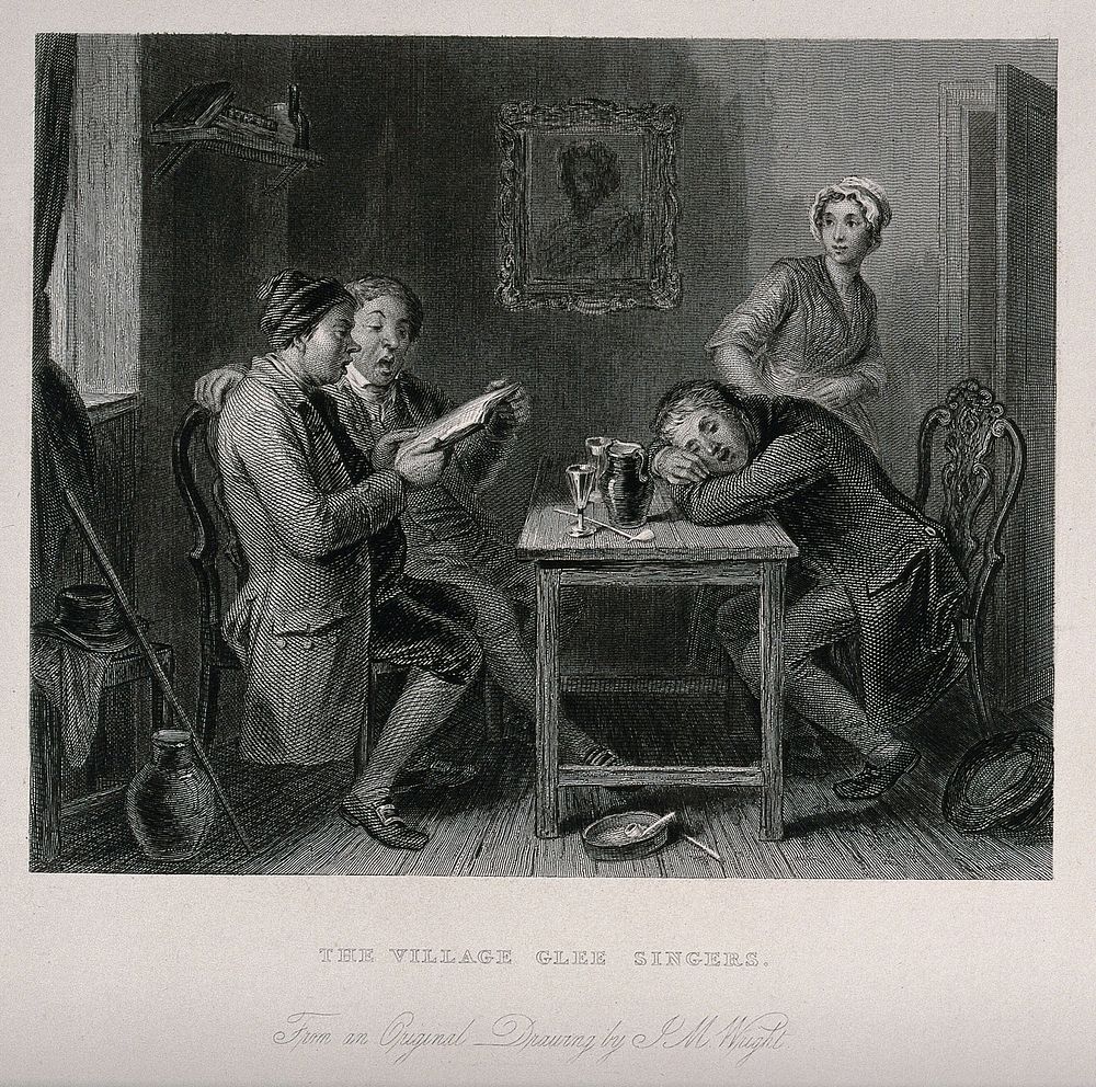 Two men sing from a songbook they are both holding, while a younger man has fallen asleep at the table; a young woman looks…