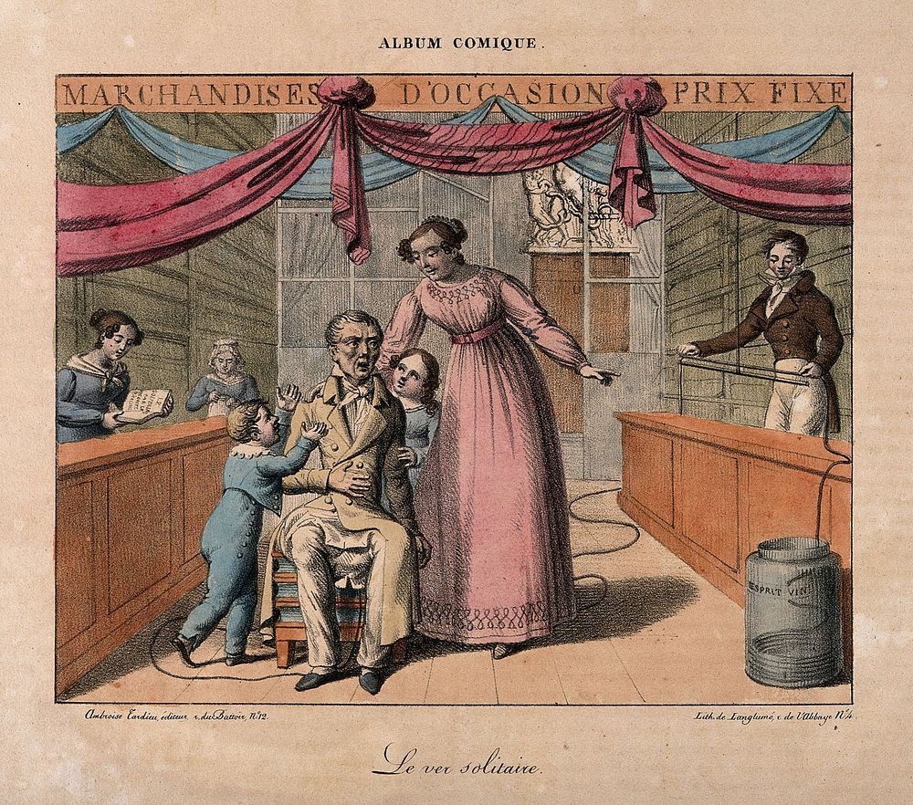 A long parasitical worm (tapeworm) is extracted from an emaciated man. Coloured lithograph by Langlumé, 1823.