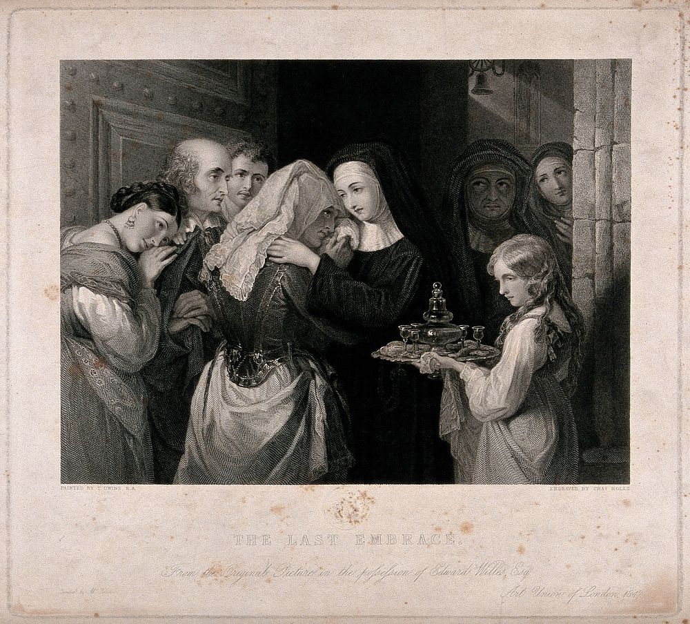 A woman entering a nunnery as a novice and saying goodbye to her family. Engraving by C. Rolls after T. Uwins.
