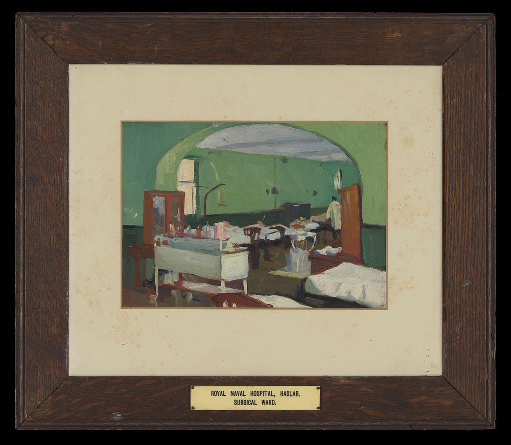 Royal Naval Hospital, Haslar: surgical ward. Oil painting by Godfrey Jervis Gordon ("Jan Gordon").