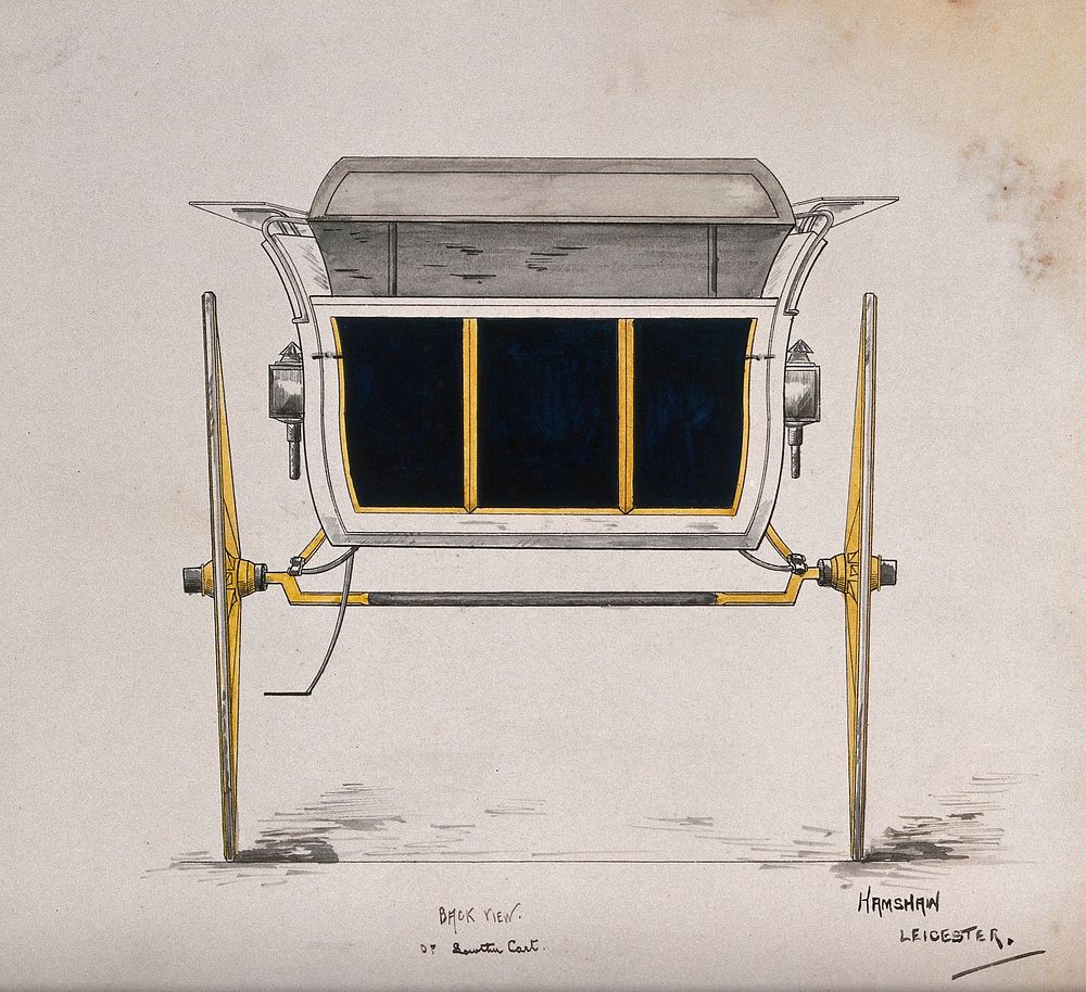 A Lowther cart: back view. Coloured pen and ink drawing by Hamshaw.