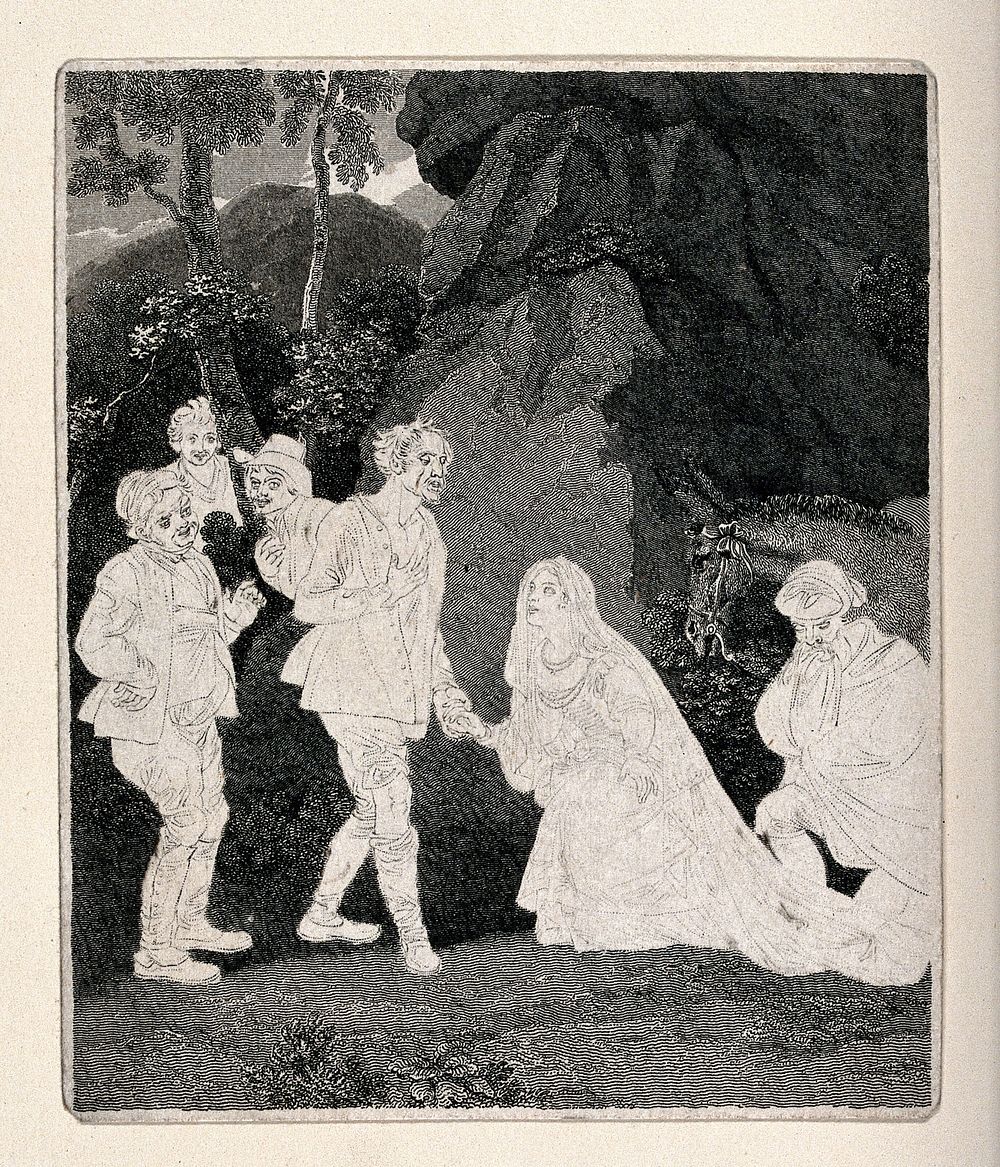A woman kneeling before a dishevelled man, with onlookers observing from behind a rock. Etching, unfinished.