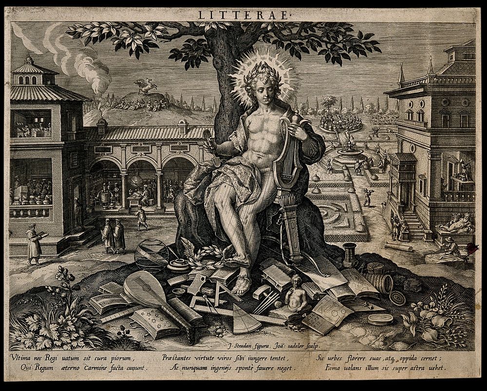 Apollo, god of literature, plays his harp; a town goes about its rituals. Engraving by J. Sadeler after J. van der Straet…